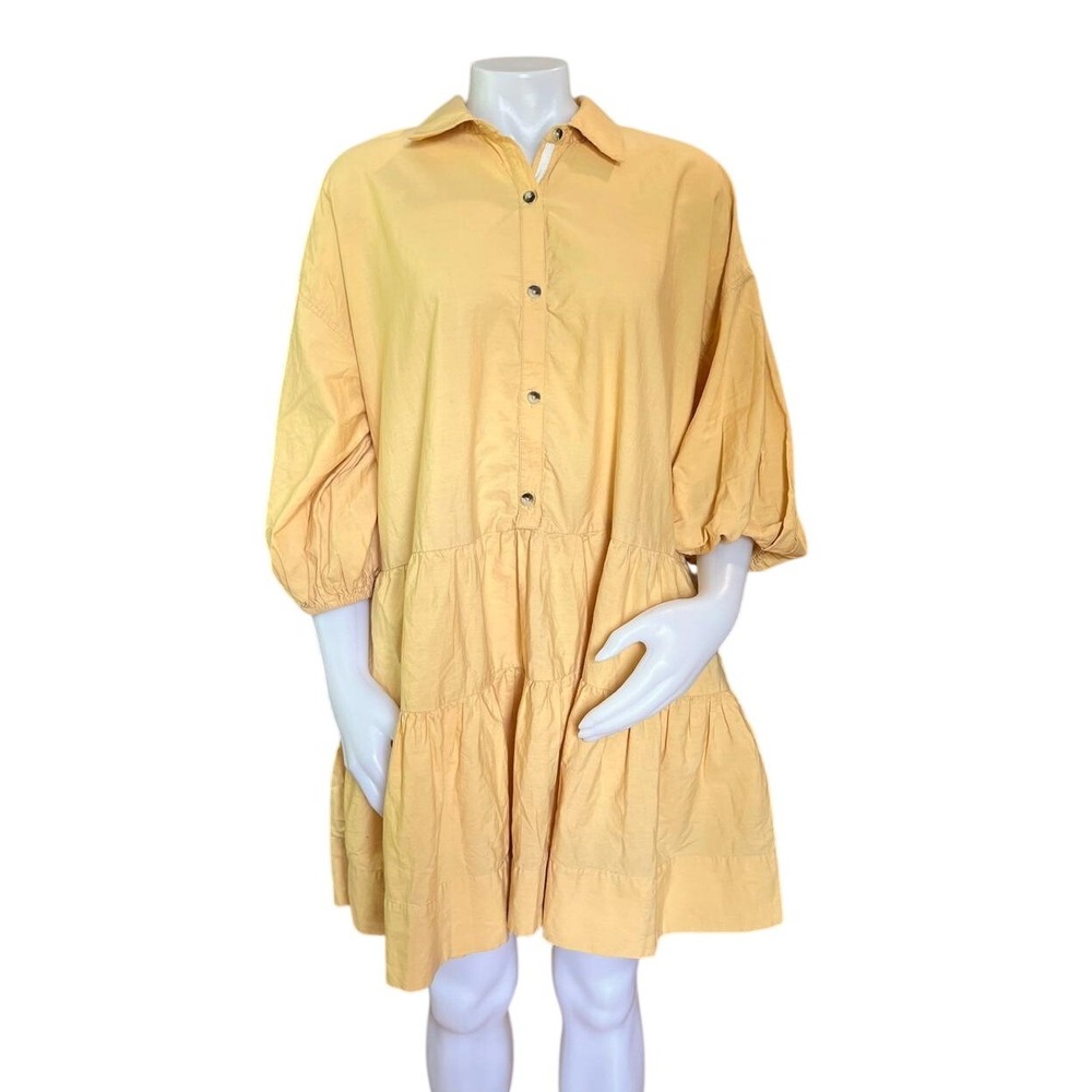Free People Misha Mini Dress Medium Yellow Cotton Tiered Puff Sleeve Boho Fall